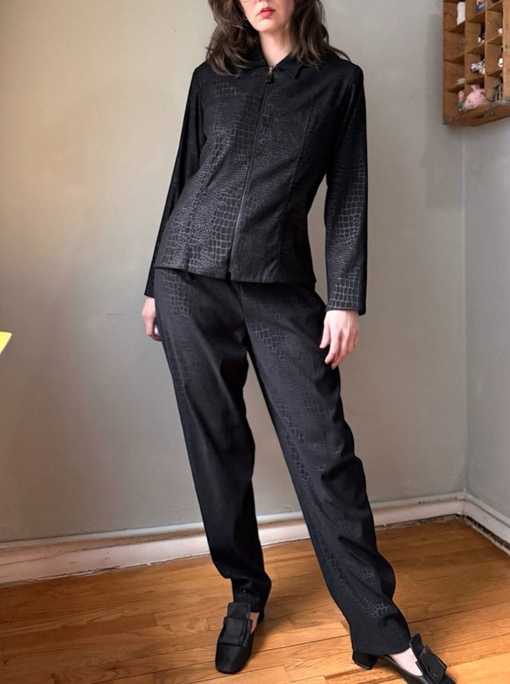 Vintage 90s Suit Set | Croc Embossed Jacket + High Waist Pants Two Piece | L